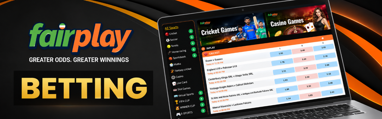 FairPlay sports betting page displayed on a laptop with various sports balls placed nearby.