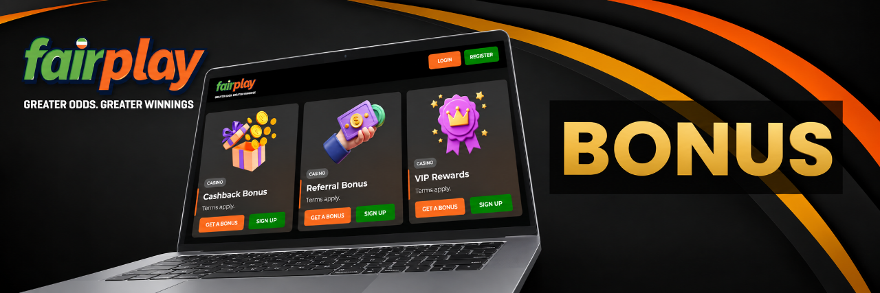 FairPlay bonus page displayed on a laptop with a gift box placed beside the screen.