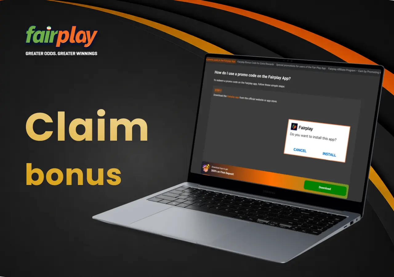 FairPlay process on how to claim bonuses shown on a laptop for new players.
