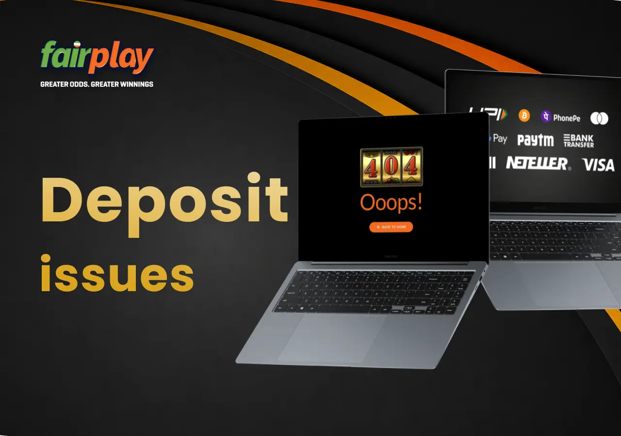 Two laptops showing a fairplay payment error message and available payment methods side by side.
