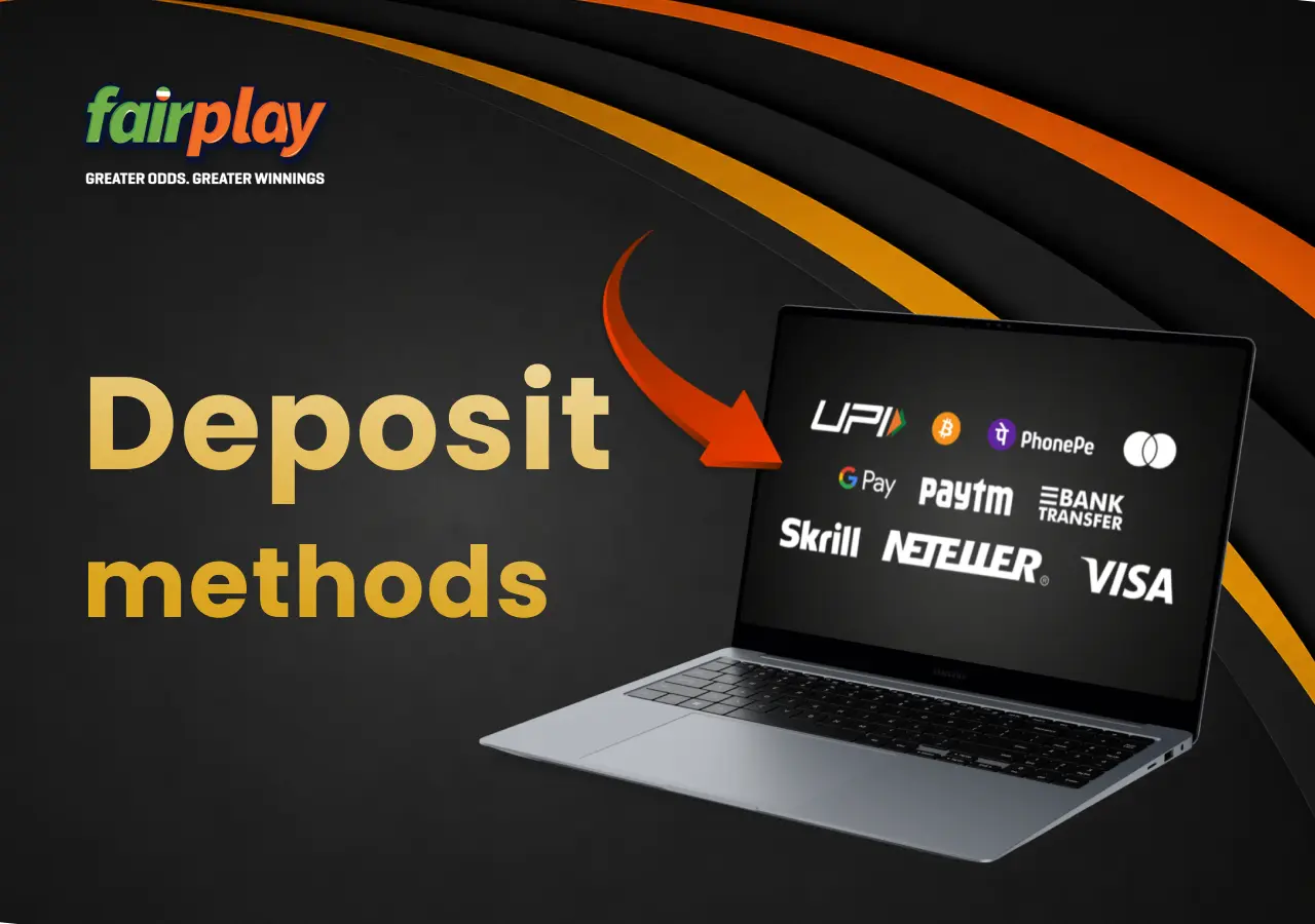 Laptop showing available payment methods with an arrow highlighting transaction options on Fairplay.
