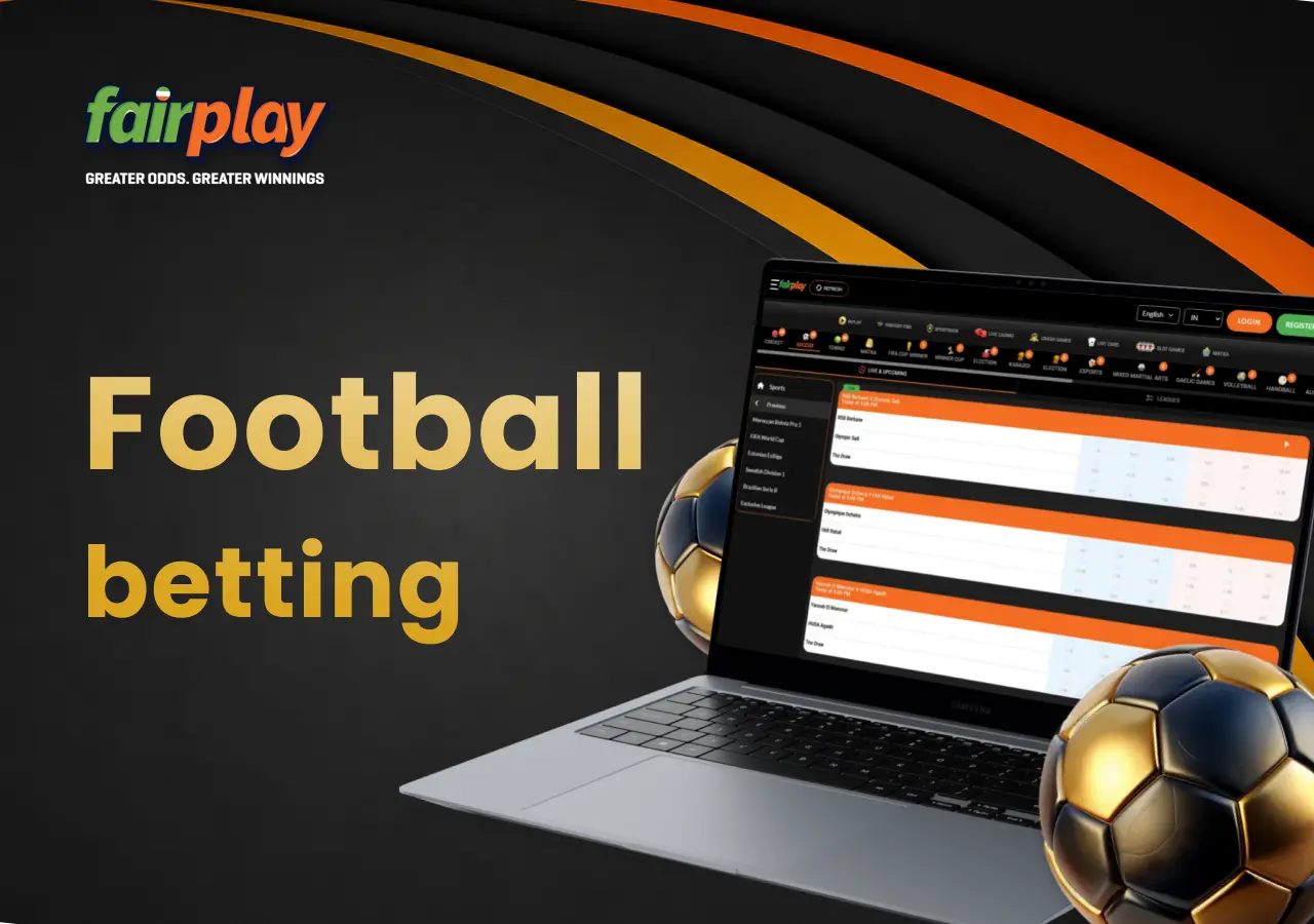 Laptop displaying fairplay football betting markets with a football positioned next to it.