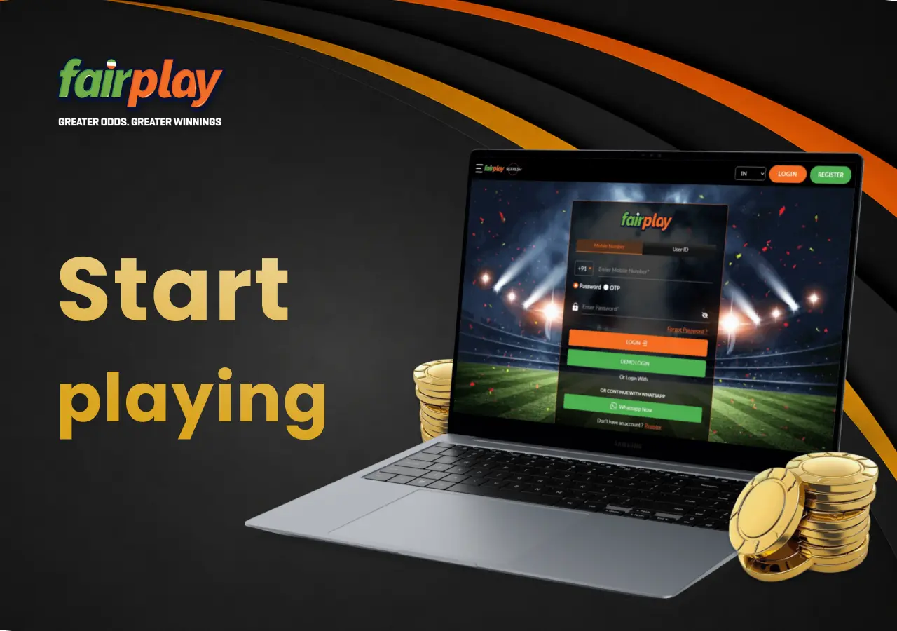FairPlay registration page displayed on a laptop with casino chips beside the screen.
