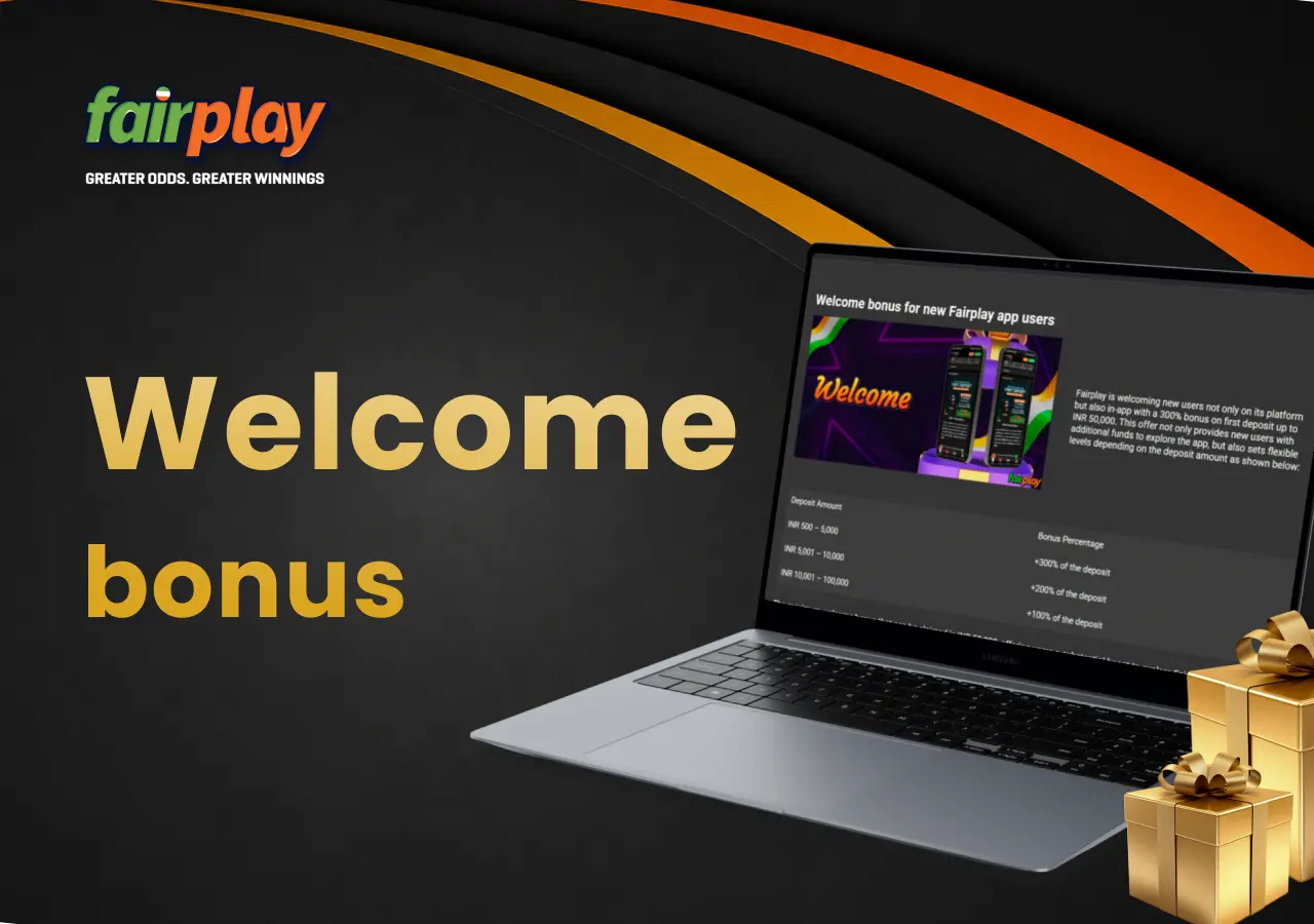 Laptop showing fairplay welcome bonus offers with gift boxes positioned next to the screen.